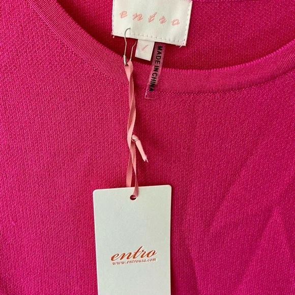 NEW Entro Hot Pink Puff Sleeve Peplum Bottom Shirt Top Sz L Sheer Floral Sleeves - Picture 3 of 5